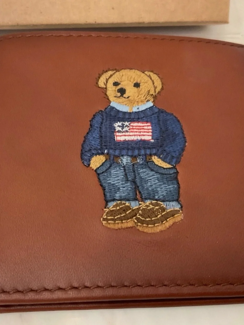 NIB Polo Ralph Lauren Brown FLAG SWEATER BEAR Leather Double Billfold Wallet